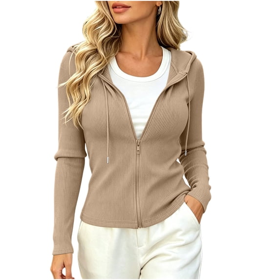 FAIWAD Women's Ribbed Zip Up Hoodie Cropped Long Sleeve Drawstring Full Zip Stretch Knit Lightweight Casual Fall Jacket