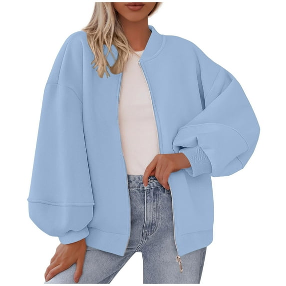 FAIWAD Womens Zip Up Sweatshirts Puff Long Sleeve Casual Loose Outwear Oversized Fall Winter Outfits