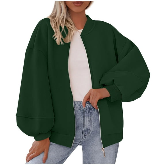 FAIWAD Womens Zip Up Sweatshirts Puff Long Sleeve Casual Loose Outwear Oversized Fall Winter Outfits