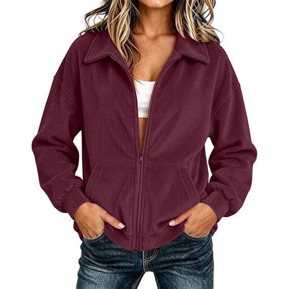 FAIWAD Womens Zip up Jackets Long Sleeve Casual Corduroy Coat with Pockets Workout Gym Activewear