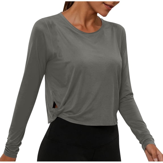 FAIWAD Workout Tops for Women Crewneck Long Sleeve Athletic Yoga Crop Tops Sports Gym Running Tees