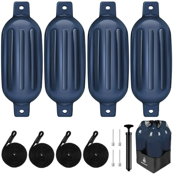 FAIZHI Boat Fenders 4 Pack, 6.5in Boat Bumpers Fenders with 4 Ropes, Inflatable Ribbed Marine Boat Bumpers for Pontoon Boat Fenders Inflatable, Black