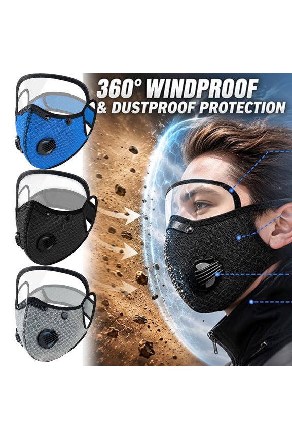 Reusable Carbon Filter Dust Mask, Anti-Sun, 5-Layer Filter Face Protection Mask with Adjustable Goggles, Windproof Face Covering Mask for Motorcycle Riding, Cycling, Travel, Black