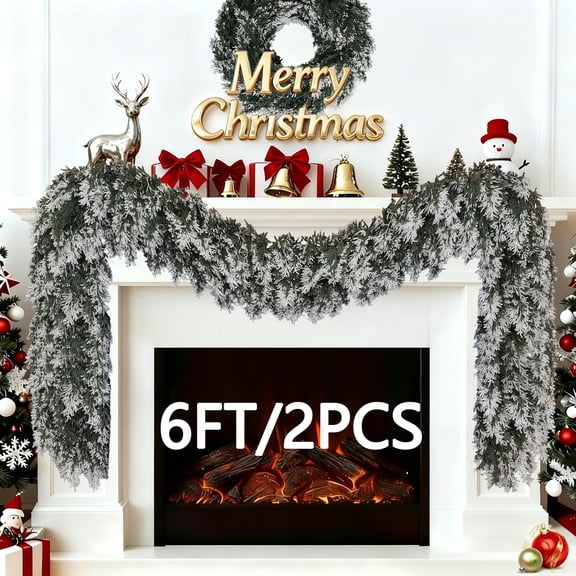 FAKCOJI 2 Pack 6Ft Flocked Christmas Garland, Snowy Cedar GarlandArtificial Cypress Garlands for Mantle Fireplace Table DoorWall Upstairs Indoor Outdoor Xmas Holiday Decorations