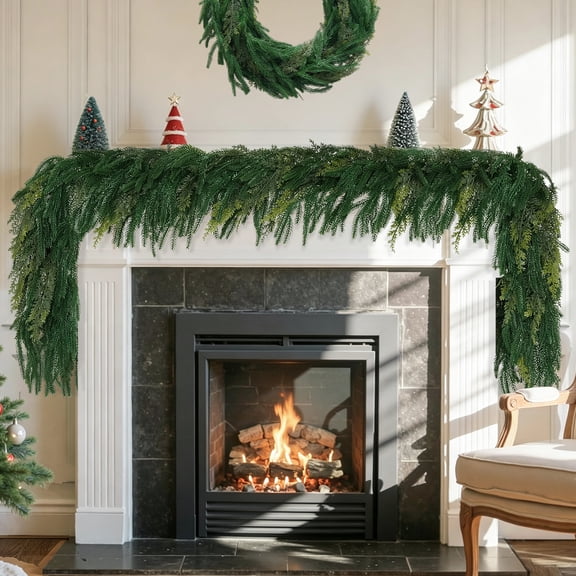 FAKCOJI 2Pcs 6.5FT Faux Norfolk Pine Christmas Garlands, Real Touch Winter Greenery Garlands for Table Mantle Fireplace Stair Holiday Decoration