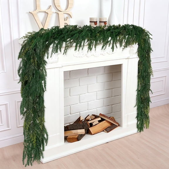 FAKCOJI 2Pcs 9.1FT Faux Norfolk Pine Christmas Garlands, Real Touch Winter Greenery Garlands for Table Mantle Fireplace Stair Holiday Decoration