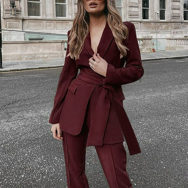 FAKKDUK Blazer Sets Women 2 Piece Outfits Suit Blazer Pant Set Business Suit Jacket with Belt for Women Office Lady Work Pant Suit Set Women 2 Piece Blazer Sets, Wine&M - Walmart.com