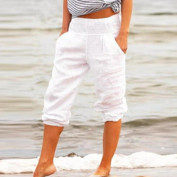 FAKKDUK Capri Pants Harem Pants for Women Casual Summer Elastic High Waisted Linen Pant Solid Loose Capris Cotton Linen Trousers Straight Pants with Pocket, S&White