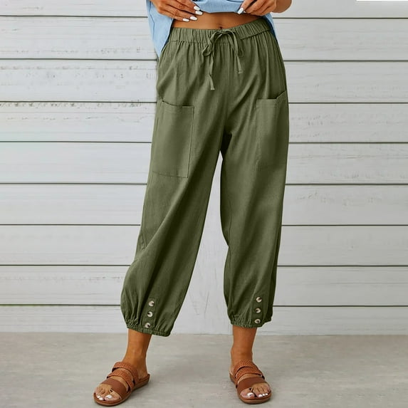 FAKKDUK Capri Pants Harem Pants for Women Casual Summer Smocked Drawstring Elastic High Waisted Linen Pant Solid Loose Capris Trousers Straight Pants with Pocket, S&Army Green