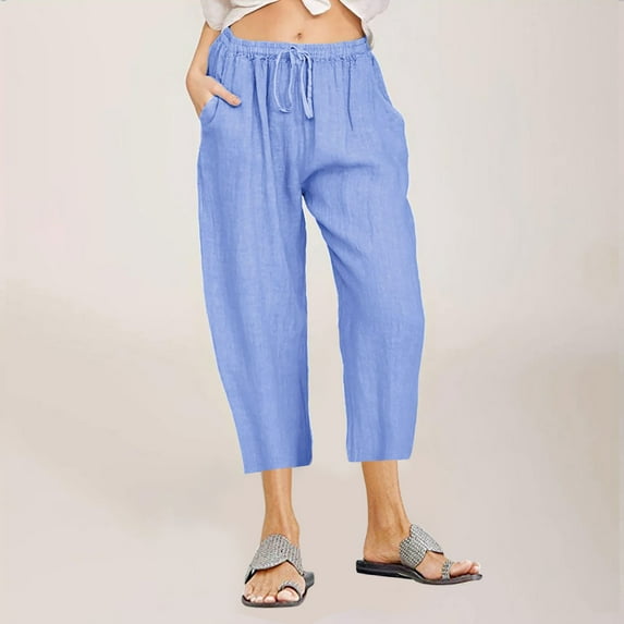 FAKKDUK Capri Pants for Women Casual Summer Elastic High Waisted Linen Pant Solid Loose Wide Leg Capris Trousers Drawstring Trousers with Pockets,S&Light Blue