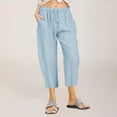 thumbnail image 1 of FAKKDUK Capri Pants for Women Casual Summer Elastic High Waisted Linen Pant Solid Loose Wide Leg Capris Trousers Drawstring Trousers with Pockets,S&Sky Blue, 1 of 6