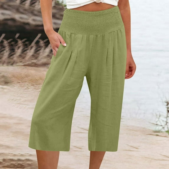 FAKKDUK Capri Pants for Women Casual Summer Smocked Elastic High Waisted Linen Pant Solid Loose Wide Leg Capris Trousers Straight Pants with Pocket,M&Mint Green