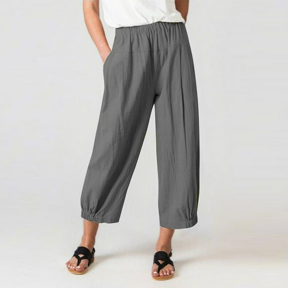 FAKKDUK Capri Pants for Women Casual Summer Smocked Elastic High Waisted Linen Pant Solid Loose Wide Leg Capris Trousers Straight Pants with Pocket, XXXXL&Gray
