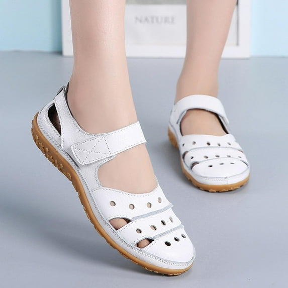 FAKKDUK Close Toed Sandals Women, Women's Flat Sandals Platform Ankle Buckle Ladies Straps Sandals Shoes Comfortable Ankle Strap Outdoor Sandals, 9&White