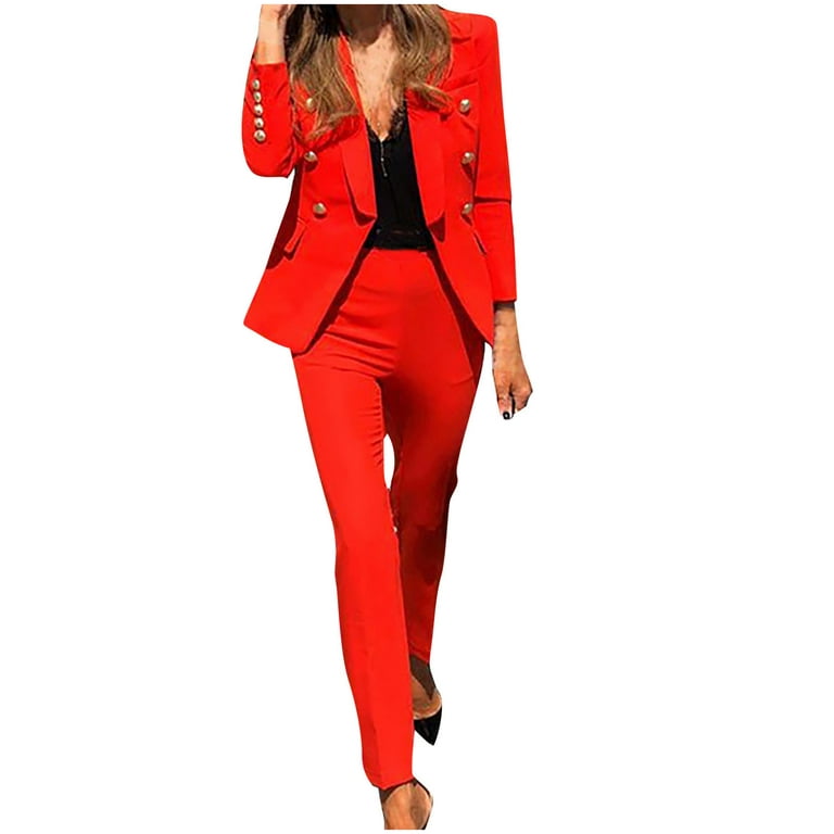 FAKKDUK Elegant Business Suit Sets for Women Pants Suits for Women Dressy 2  Piece Casual Plus Size Open Front Blazer Pant Suit Set Wedding Prom Work Business  Suit, Red&XXXL 