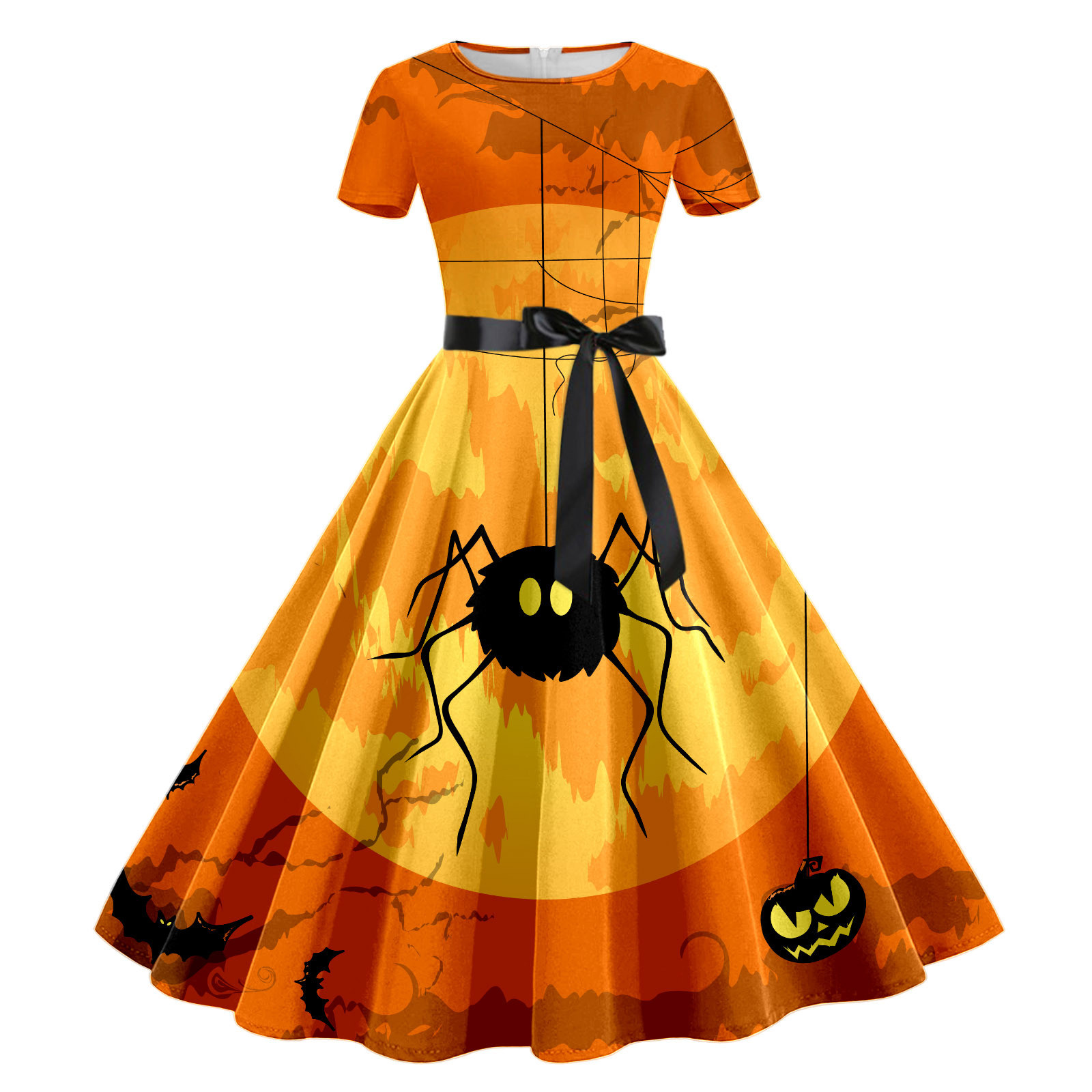 FAKKDUK Halloween Dresses for Women Pumpkin Bat Pattern Retro Spider