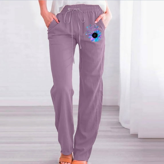 FAKKDUK Linen Pants Women Summer 2023 Casual Loose Drawstring Elastic High Waist Comfy Trousers Straight Leg Long Lounge Pant with Pocket Graphic,S&Purple