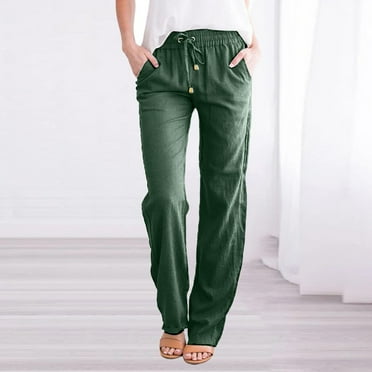 FAKKDUK Linen Pants Women Summer 2023 Casual Loose Drawstring Elastic High Waist Comfy Trousers Straight Leg Long Pant with Pocket, S&Green