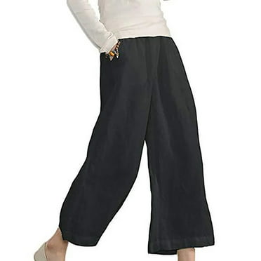 FAKKDUK Linen Pants for Women Ladies Casual Summer Work Pants Elastic High Waisted Palazzo Pant Wide Leg Flowy Trousers with Pockets, S&Black