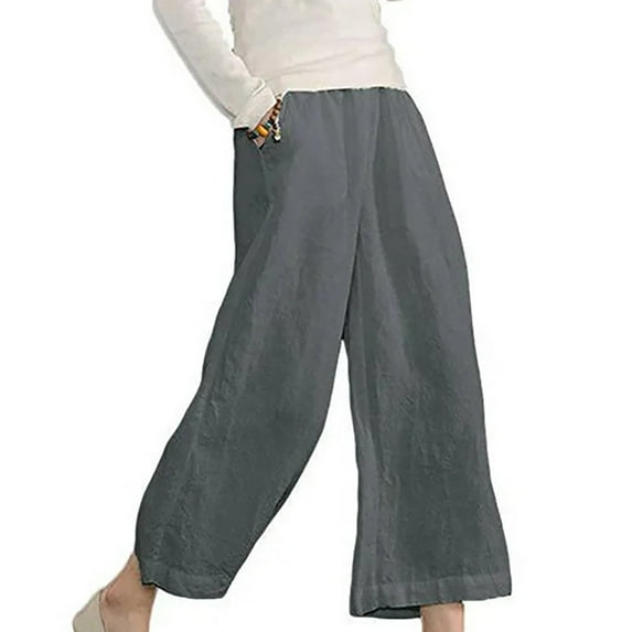 FAKKDUK Linen Pants for Women Ladies Casual Summer Work Pants Elastic High Waisted Palazzo Pant Wide Leg Flowy Trousers with Pockets, XXL&Gray