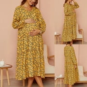 FAKKDUK Maternity Dress Women's Long Sleeve A Line Casual Maxi Dress Photography Dress for Babyshower Womens Maternity Casual Dress,Navy&L