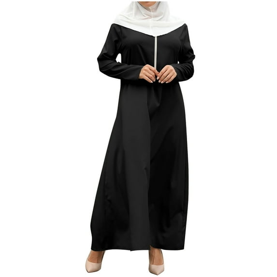 FAKKDUK Muslim Dress for Woman, Women's Summer Dresses For Women Muslim Zipper Solid Color Long Sleeves Dress Muslim Maxi Abaya Eid Ramadan Formal Gown with Sleeve Prayer Dress,XL