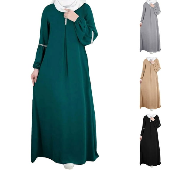 FAKKDUK Muslim Dress for Women Full Cover Long Sleeve Mock Neck Islamic Arab Maxi Dress Abaya Kaftan Clothes Women Prayer Dress Womens Casual Maxi Dress,L
