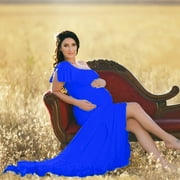 FAKKDUK Off Shoulder Sleeveless Elegant Fitted Maxi Maternity Dress for Photoshoot Maternity Gown Slim Fit Long Photography Baby Shower Dress for Photo Prop,S&Blue