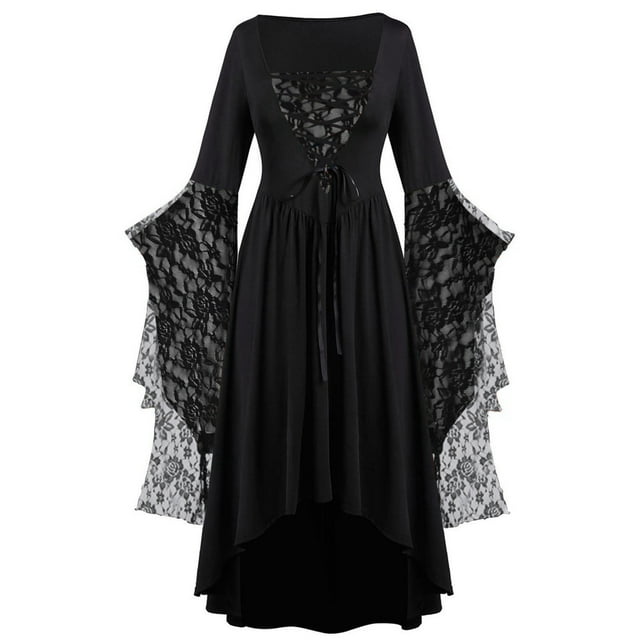 FAKKDUK Renaissance Gothic Dress for Women Lace Trumpet Sleeve Dresses ...