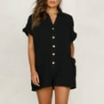 thumbnail image 1 of FAKKDUK Rompers for Women Summer Solid Cotton Linen Short Sleeve Button Deep V Neck Loose Fit Womens Rompers Casual Rompers for Women 2023 Women's Jumpsuits, Rompers & Overalls Shorts ,XL, 1 of 8