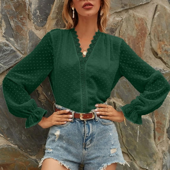 FAKKDUK Shirts for Women Fall Long Sleeve Womens V Neck Full Sleeve Casual Tees Blouses Tops Women's Solid Fashion Pullover Blouse Loose Fitting Top, Green&L