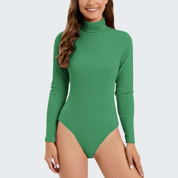 FAKKDUK Turtleneck Bodysuit for Women Knitted Lined , Long Sleeve Bodysuit For Women Thermal Womens Turtleneck Long sleeve Women's Mock Turtle Neck Tops Bodysuit Jumpsuit, M&Green