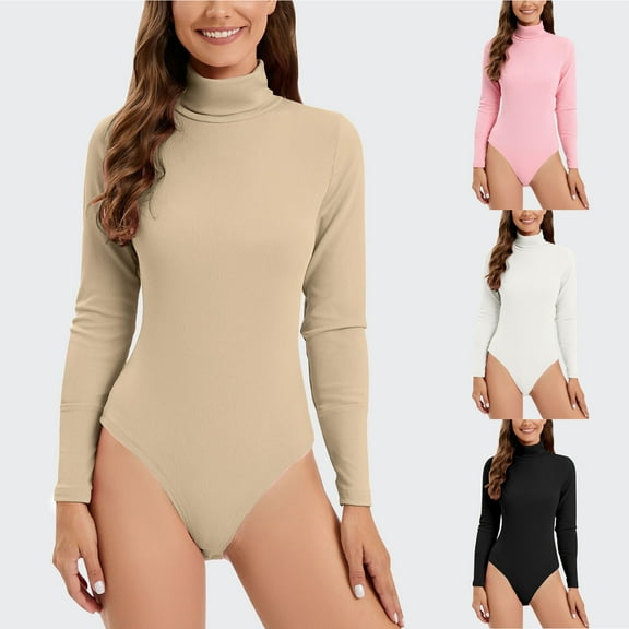FAKKDUK Turtleneck Bodysuit for Women Knitted Lined , Long Sleeve Bodysuit For Women Thermal Womens Turtleneck Long sleeve Women's Mock Turtle Neck Tops Bodysuit Jumpsuit, M&Khaki