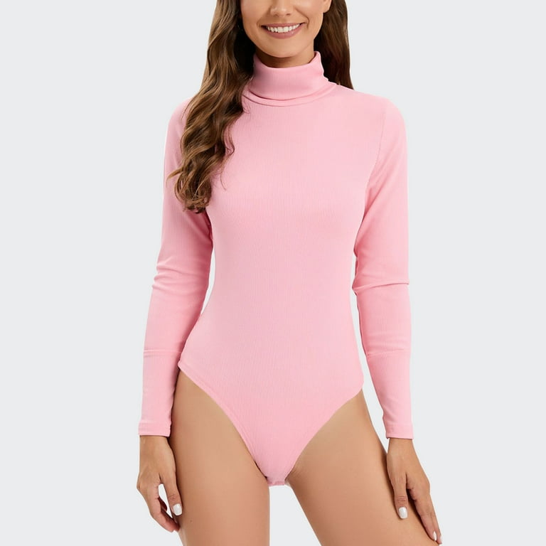 FAKKDUK Turtleneck Bodysuit for Women Knitted Lined , Long Sleeve Bodysuit  For Women Thermal Womens Turtleneck Long sleeve Women's Mock Turtle Neck  Tops Bodysuit Jumpsuit, S&Pink 