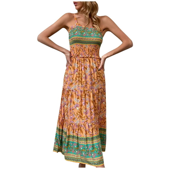 FAKKDUK Women Summer Bohemian Floral Casual Halter Strapless A-Line Swing Pleated Hem Midi Sun Dress Beach Long Dress Womens Casual Dress,M