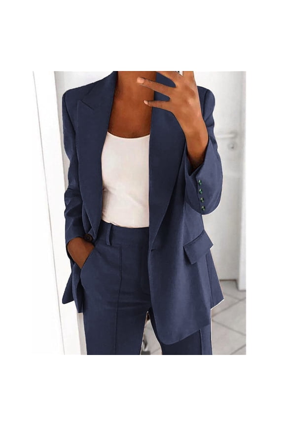 Women's 2 Piece Business Suit Single Button Long Sleeve Suit Blazer and Casual Pants with Pocket Suit Set for Work Office Suits Women's 2 Piece Outfits, Navy&M