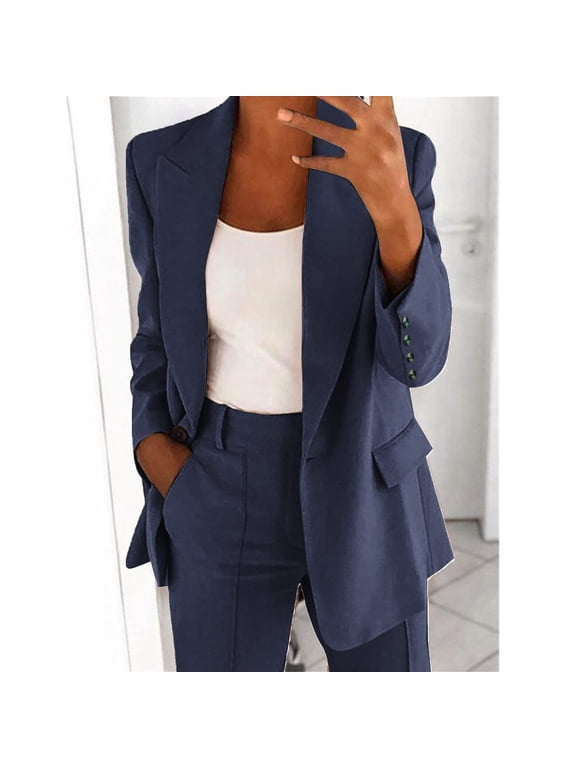 Women's 2 Piece Business Suit Single Button Long Sleeve Suit Blazer and Casual Pants with Pocket Suit Set for Work Office Suits Women's 2 Piece Outfits, Navy&M