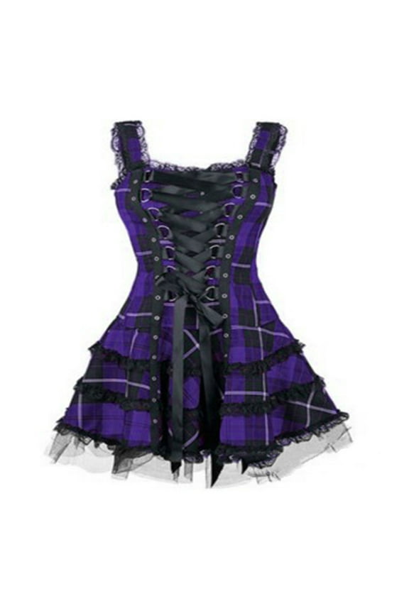 Women's 2023 Gothic Dress Gothic Clothes Punk Halloween Lace Net Sleeveless Strap Drawstring Goth Clothes for Women and Girl Punk Spaghetti Strap Dress, Purple&M