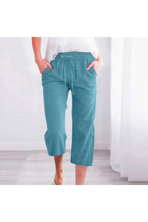 Women's Casual Pants Summer Wide Leg Capris Drawstring Elastic High Waist Cotton Linen Cropped Trousers with Pockets,M&Sky Blue