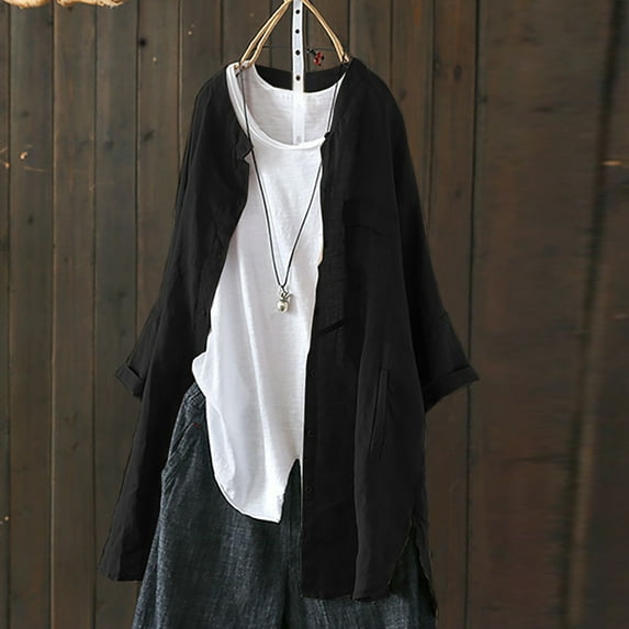 FAKKDUK Women's Cotton Linen Cardigan Long Sleeve Button-Down V-Neck Tops Womens Solid Shirt Woemn Tunic Tops Ladies Casual Blouses Female T Shirts Solid Work Tops for Women, Black&M