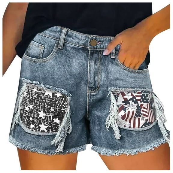 FAKKDUK Women's Denim Shorts 3" Ripped Raw Hem Elastic High Waist Button Zip with Pocket Shorts Jeans for Women Casual Hot Jean Shorts for Summer Slim Fit Independence Day,S