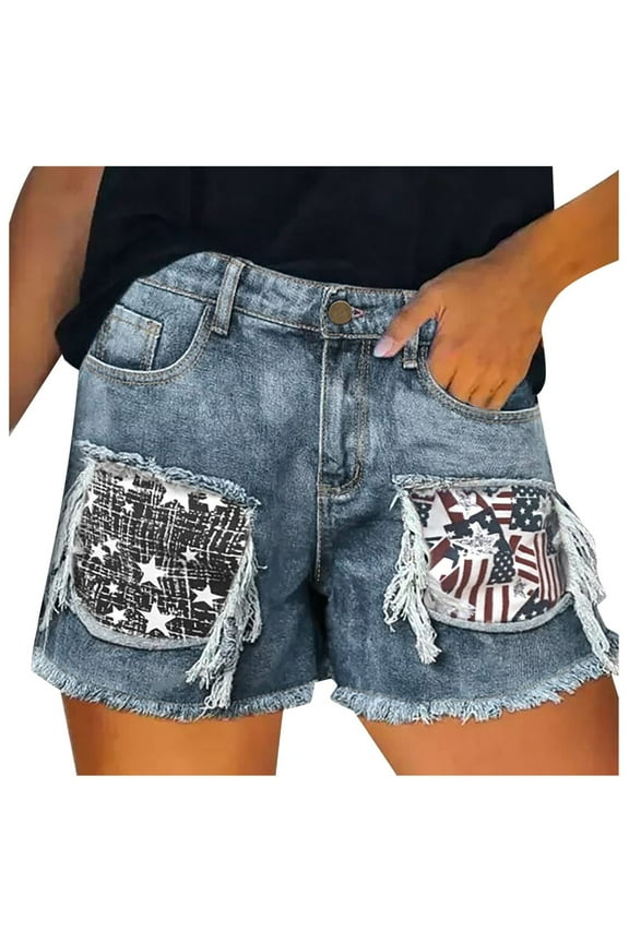 Women's Denim Shorts 3" Ripped Raw Hem Elastic High Waist Button Zip with Pocket Shorts Jeans for Women Casual Hot Jean Shorts for Summer Slim Fit Independence Day,S