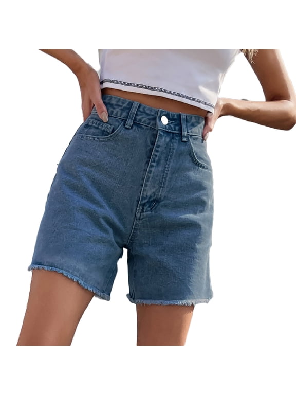 Women's Denim Shorts 5" Raw Hem Elastic High Waist Button Zip Shorts Jeans for Women Casual Hot Jean Shorts for Summer Slim Fit,L