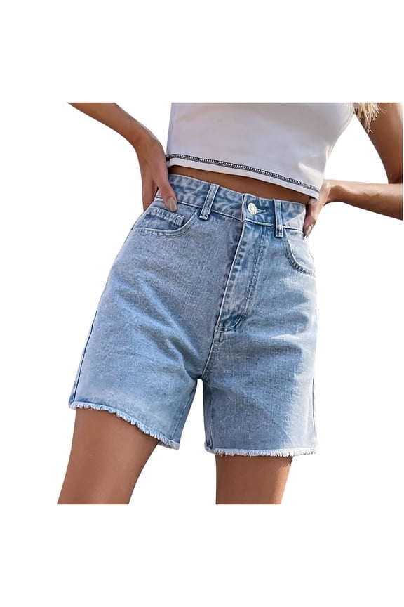 Women's Denim Shorts 5" Raw Hem Elastic High Waist Button Zip Shorts Jeans for Women Casual Hot Jean Shorts for Summer Slim Fit,M