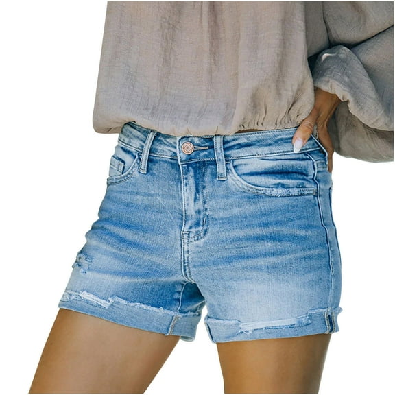 FAKKDUK Women's Denim Shorts 5" Rolled Hem Elastic High Waist Button Zipper Shorts Jeans for Women Casual Hot Jean Shorts for Summer Slim Fit with Pocket,S