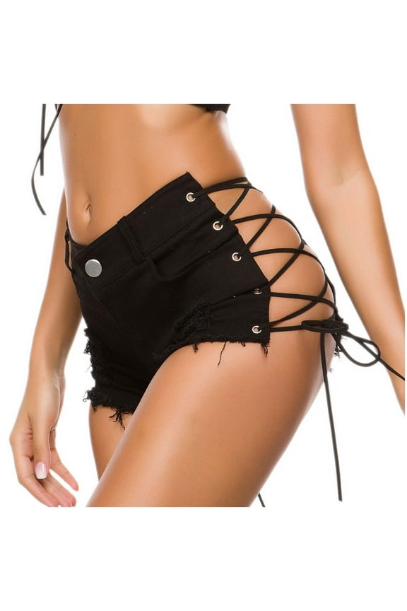 Women's Hot Jean Shorts 3" Lace Up Distressed Cut Out Elastic Waist Ripped Hem Button Zip with Pocket Shorts Jeans for Women Casual Denim Shorts for Summer Slim Fit,M