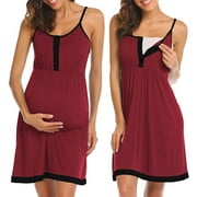 FAKKDUK Women's Maternity Casual Nursing Dress Women's Sling Solid Sleeveless Summer Maternity Nursing Breastfeeding Dress Buttons Midi Dress for Baby Shower, XL&Red