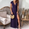 thumbnail image 1 of FAKKDUK Women's Summer Casual Loose Sundress Long Dress 1/4 Sleeveless Deep V Neck Side Split Maxi Dresses Going Out Elegant Party Cocktail Long Dress, Purple&S, 1 of 8