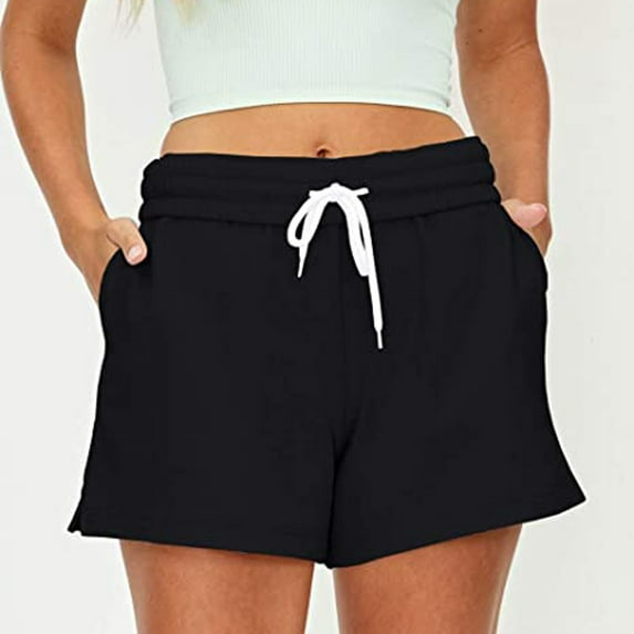 FAKKDUK Women's Sweat Shorts 5" 12" Drawstring Elastic Waist Cute Running Shorts Summer Casual Shorts for 2023 Womens Gym Short Pants Loose Fit, M&Black 1