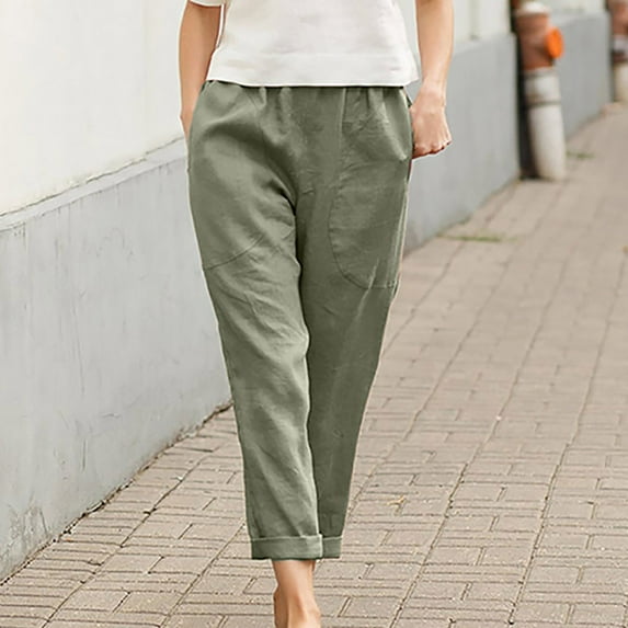 FAKKDUK Womens Linen Capri Pants 2023 Summer Loose Wide Leg Slacks Casual Elastic Waist Cropped Trousers Straight Pants with Pocket, XXXXL&Green